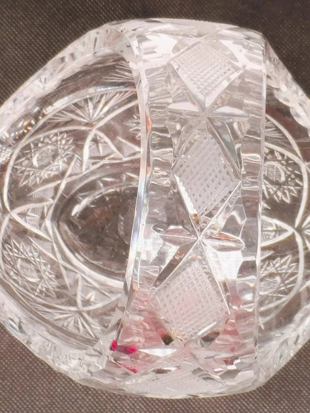 Bohemian Clear Lead Crystal Basket w/Handle Starburst Pinwheel Design 5.75
